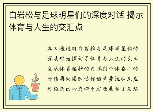 白岩松与足球明星们的深度对话 揭示体育与人生的交汇点