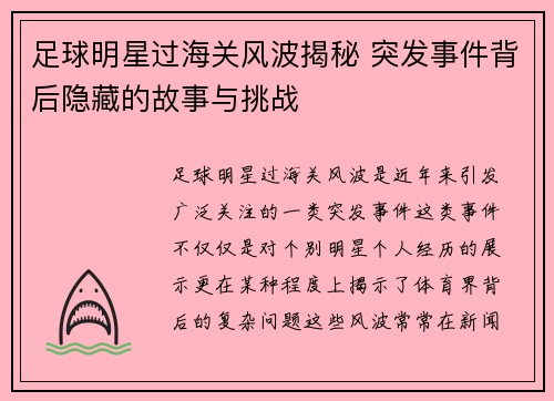 足球明星过海关风波揭秘 突发事件背后隐藏的故事与挑战