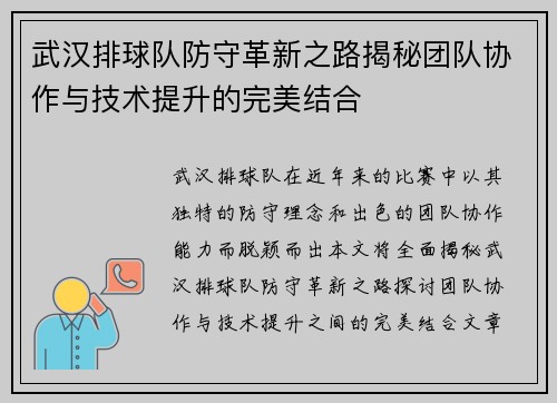 武汉排球队防守革新之路揭秘团队协作与技术提升的完美结合